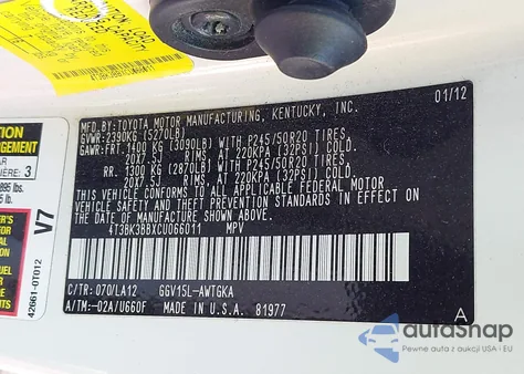 2012 Toyota Venza Limited V6 from USA, damaged, VIN 4T3BK3BBXCU066011